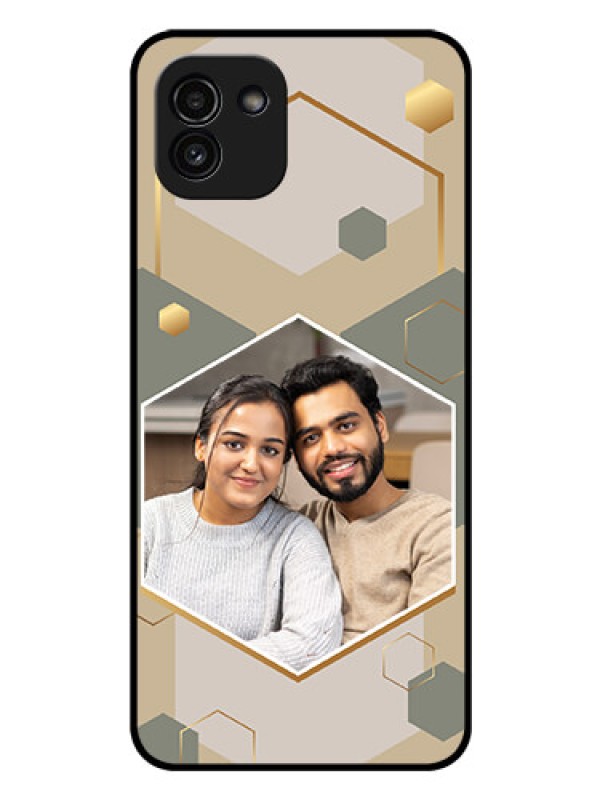 Custom Galaxy A03 Photo Printing on Glass Case - Stylish Hexagon Pattern Design