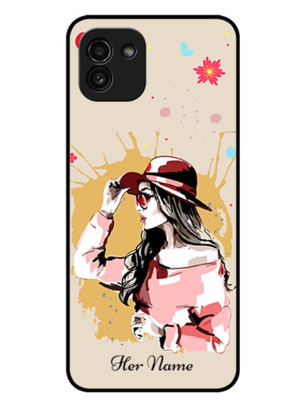 Custom Galaxy A03 Photo Printing on Glass Case - Women with pink hat Design