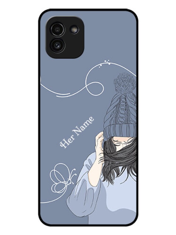 Custom Galaxy A03 Custom Glass Mobile Case - Girl in winter outfit Design