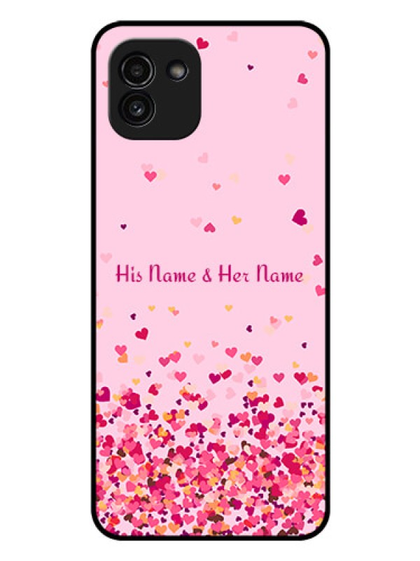 Custom Galaxy A03 Photo Printing on Glass Case - Floating Hearts Design