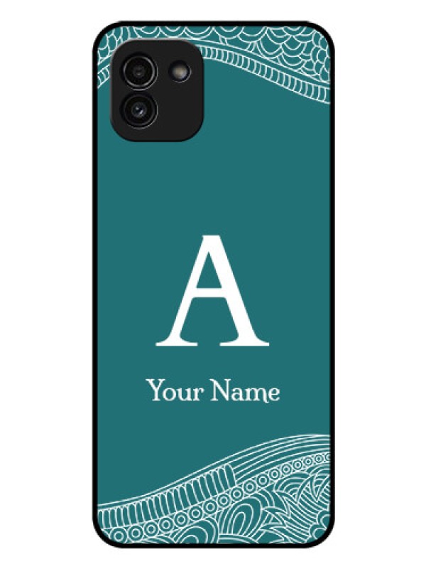 Custom Galaxy A03 Personalized Glass Phone Case - line art pattern with custom name Design