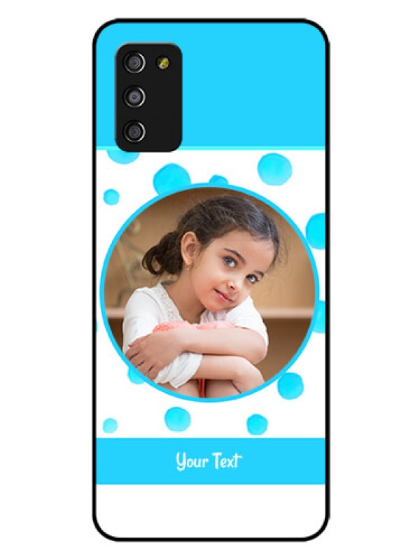Custom Galaxy A03s Photo Printing on Glass Case - Blue Bubbles Pattern Design