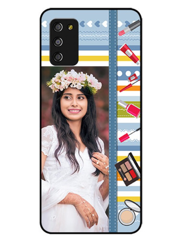 Custom Galaxy A03s Personalized Glass Phone Case - Makeup Icons Design