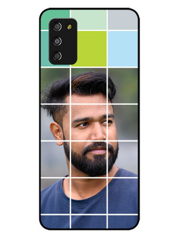 Custom Galaxy A03s Photo Printing on Glass Case - with white box pattern 