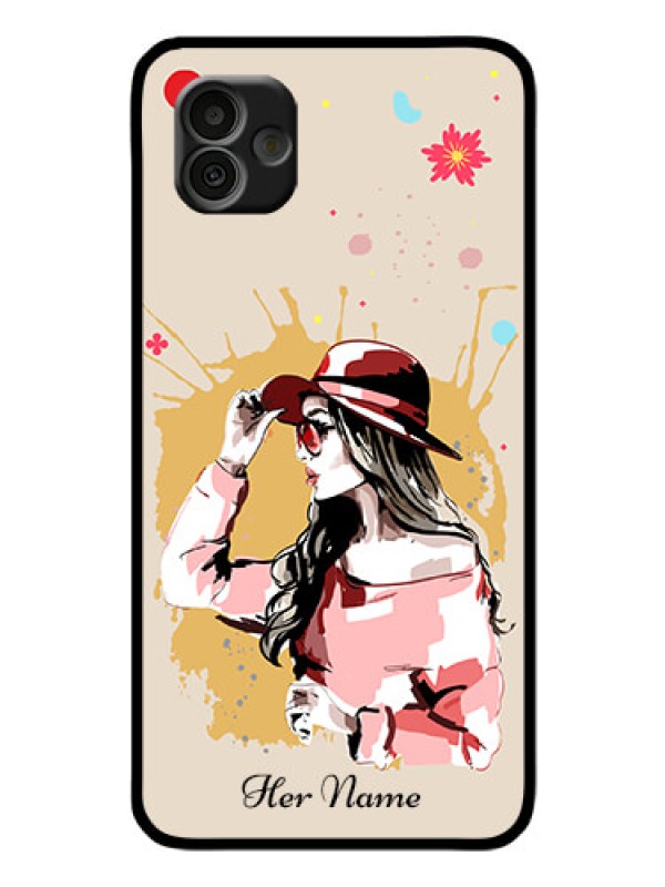 Custom Galaxy A04 Photo Printing on Glass Case - Women with pink hat Design