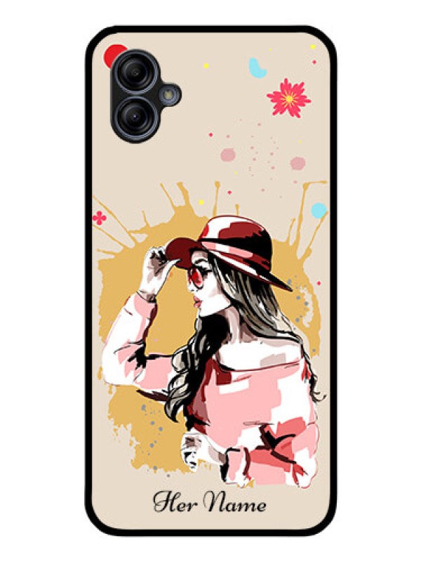 Custom Galaxy A04e Photo Printing on Glass Case - Women with pink hat Design
