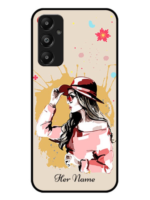 Custom Galaxy A05s Custom Glass Phone Case - Women With Pink Hat Design
