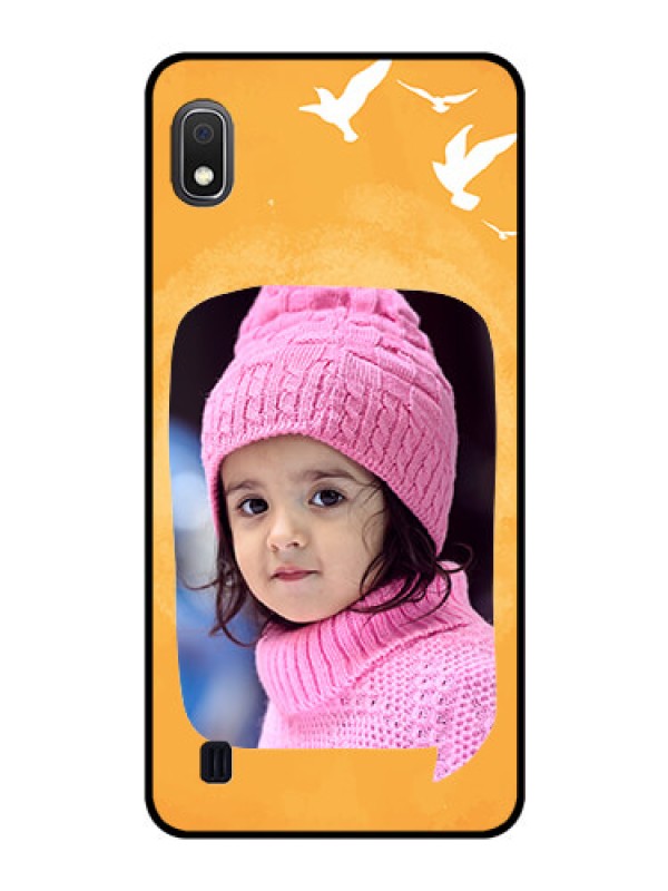 Custom Galaxy A10 Personalized Glass Phone Case - Water Color Design with Bird Icons