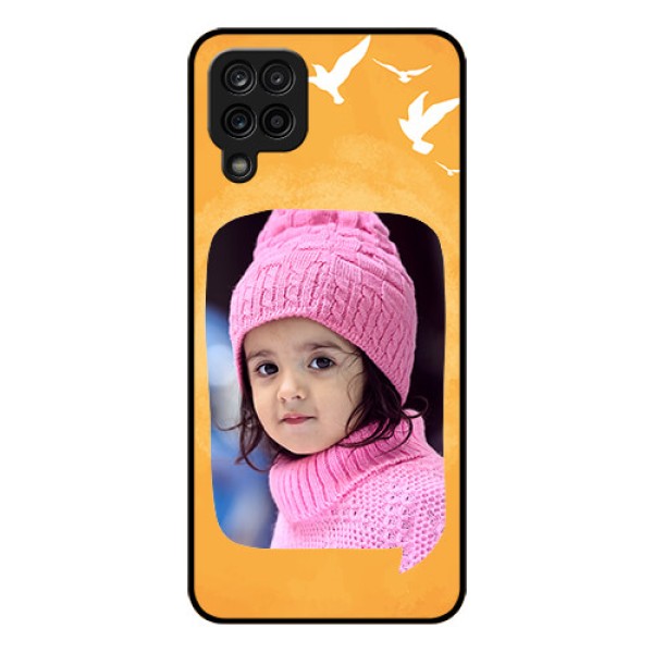 Galaxy A12 Personalized Glass Phone Case - Water Color Design with Bird Icons Galaxy A12 Personalized Glass Phone Case - Water Color Design with Bird Icons