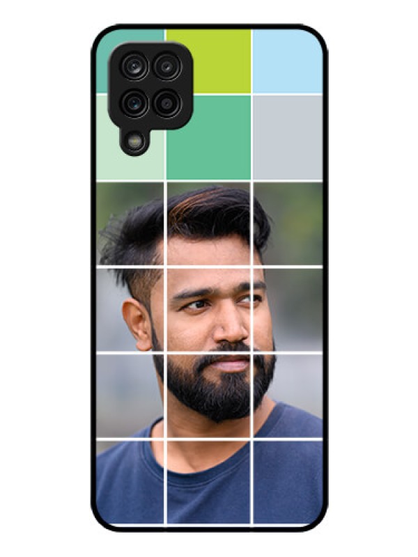 Custom Galaxy A12 Photo Printing on Glass Case - with white box pattern 