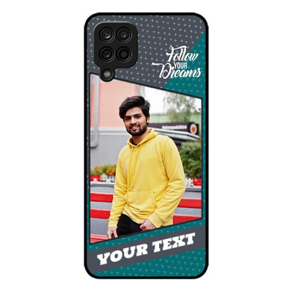 Galaxy A12 Personalized Glass Phone Case - Background Pattern Design with Quote Galaxy A12 Personalized Glass Phone Case - Background Pattern Design with Quote