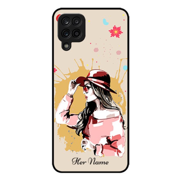 Galaxy A12 Photo Printing on Glass Case - Women with pink hat Design