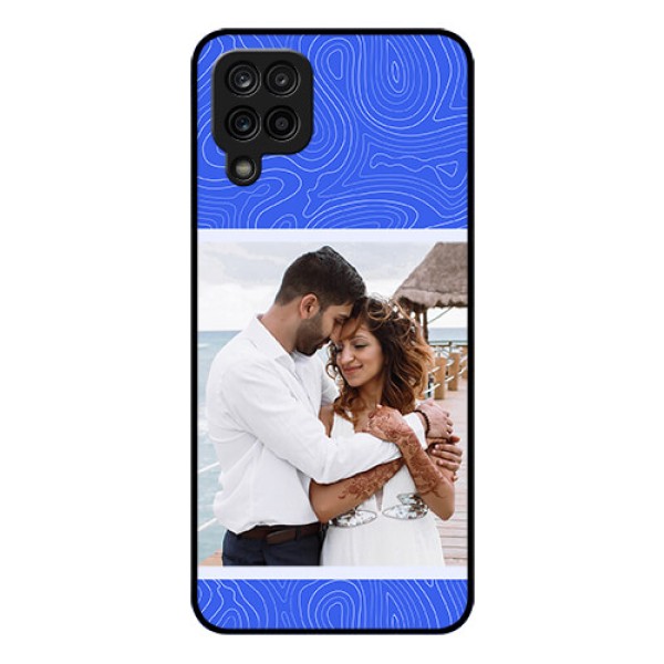 Galaxy A12 Custom Glass Mobile Case - Curved line art with blue and white Design Galaxy A12 Custom Glass Mobile Case - Curved line art with blue and white Design