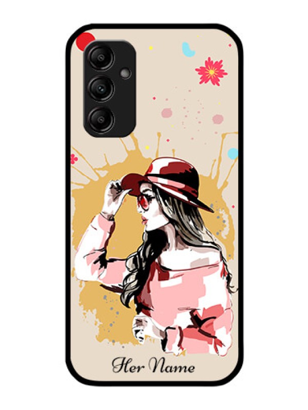 Custom Galaxy A14 4G Photo Printing on Glass Case - Women with pink hat Design