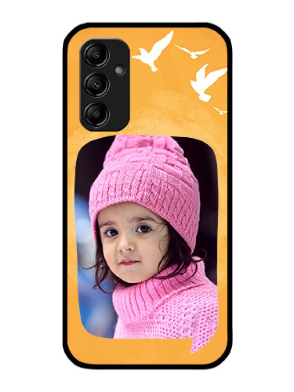 Custom Galaxy A14 5G Personalized Glass Phone Case - Water Color Design with Bird Icons