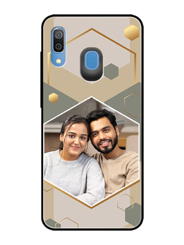 Custom Galaxy A20 Photo Printing on Glass Case - Stylish Hexagon Pattern Design