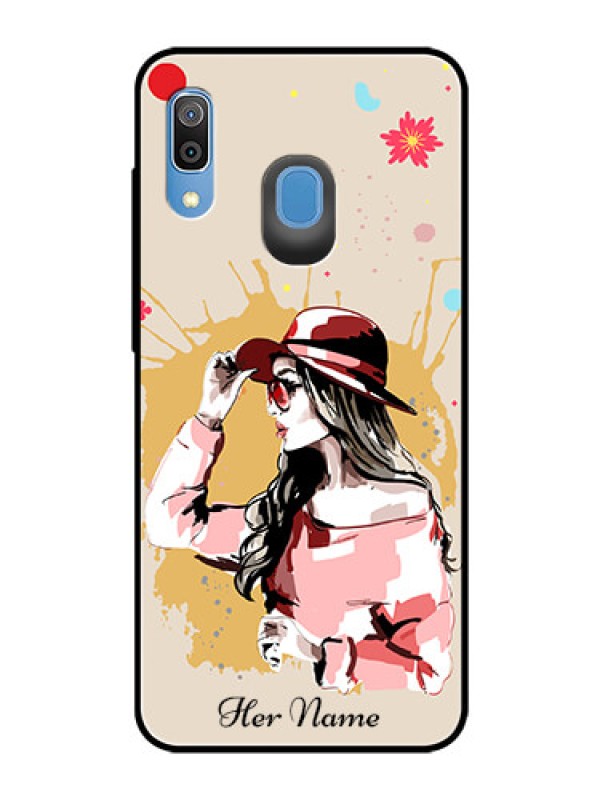 Custom Galaxy A20 Photo Printing on Glass Case - Women with pink hat Design
