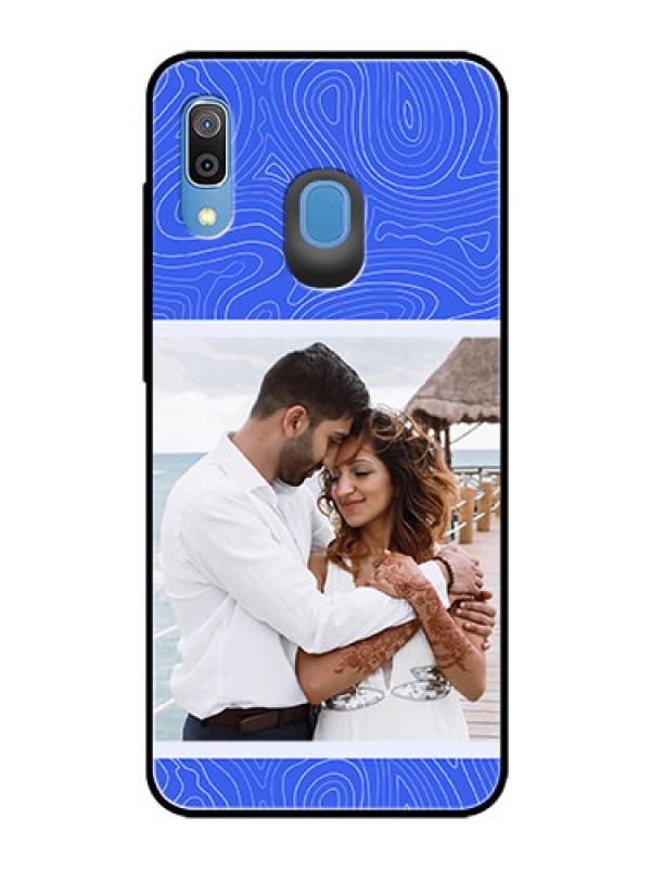 Custom Galaxy A20 Custom Glass Mobile Case - Curved line art with blue and white Design