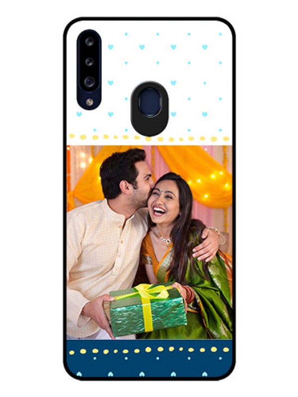 Custom Galaxy A20s Personalized Glass Phone Case - White and Blue Abstract Design