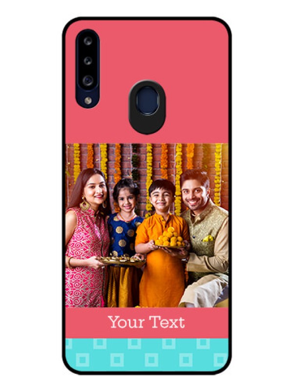 Custom Galaxy A20s Personalized Glass Phone Case - Peach & Blue Color Design