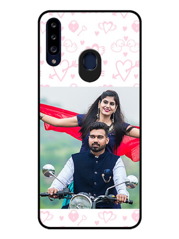 Custom Galaxy A20s Custom Glass Mobile Case - Pink Flying Heart Design