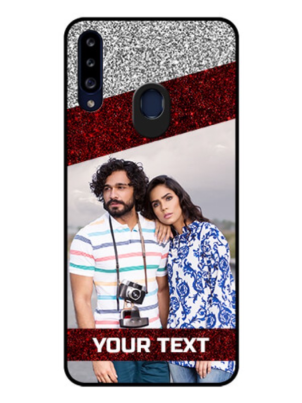 Custom Galaxy A20s Personalized Glass Phone Case - Image Holder with Glitter Strip Design