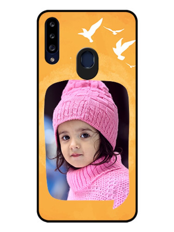 Custom Galaxy A20s Personalized Glass Phone Case - Water Color Design with Bird Icons