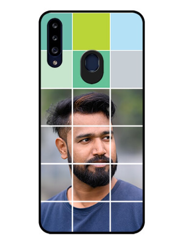 Custom Galaxy A20s Photo Printing on Glass Case - with white box pattern