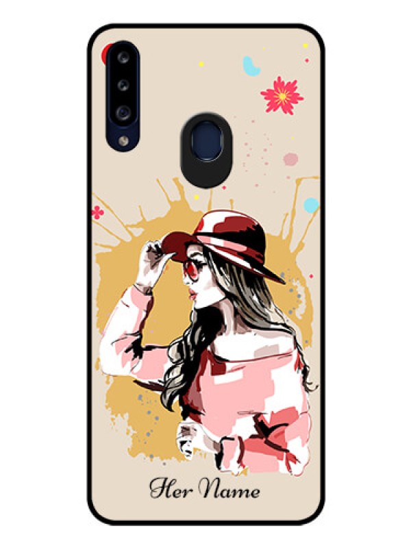 Custom Galaxy A20s Photo Printing on Glass Case - Women with pink hat Design