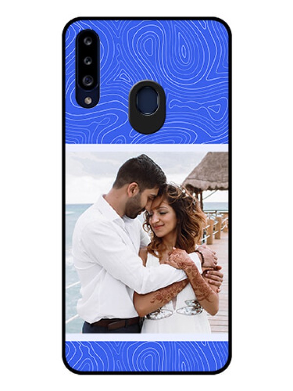 Custom Galaxy A20s Custom Glass Mobile Case - Curved line art with blue and white Design