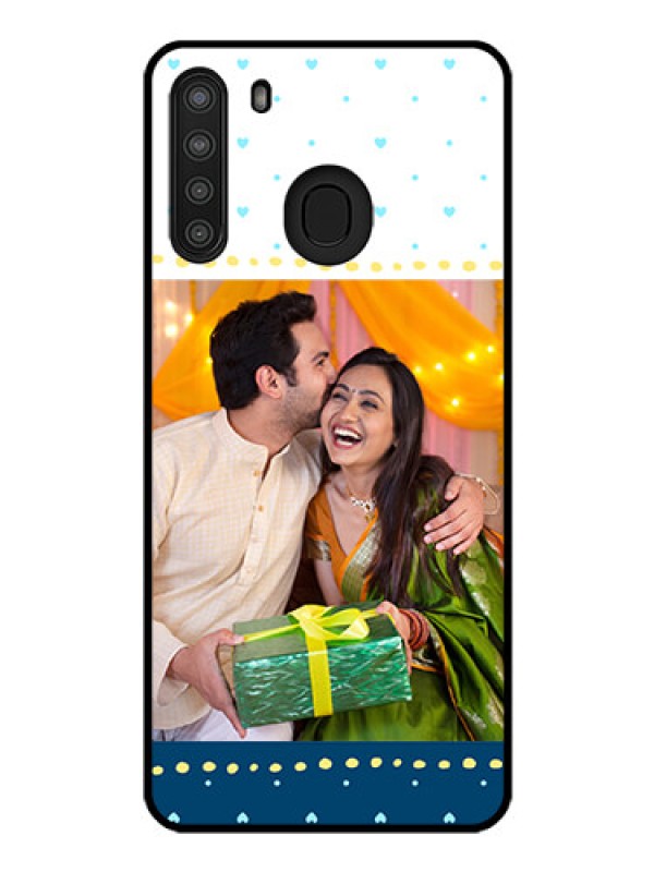 Custom Galaxy A21 Personalized Glass Phone Case - White and Blue Abstract Design