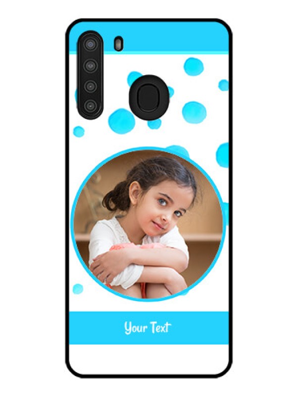 Custom Galaxy A21 Photo Printing on Glass Case - Blue Bubbles Pattern Design