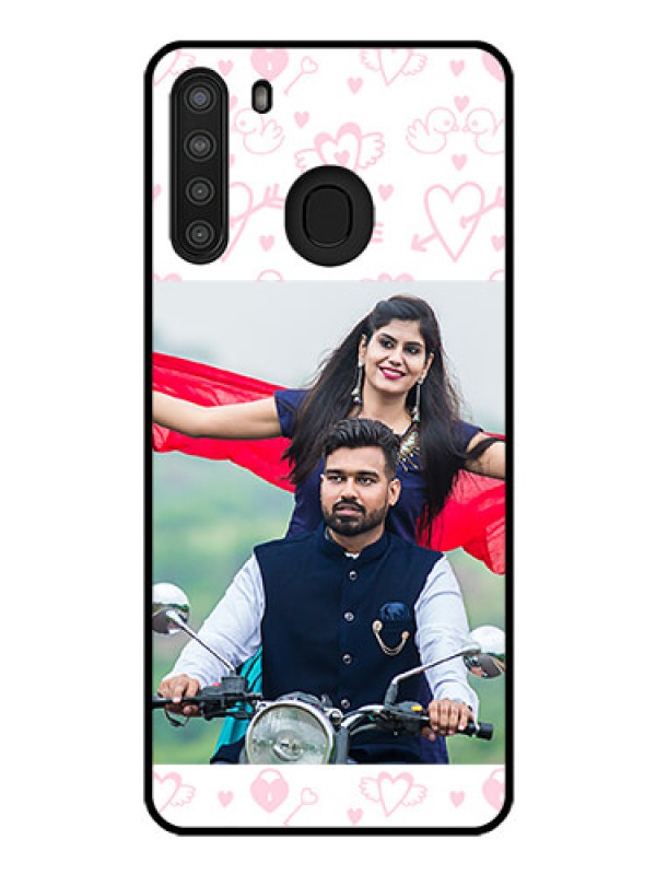 Custom Galaxy A21 Custom Glass Mobile Case - Pink Flying Heart Design