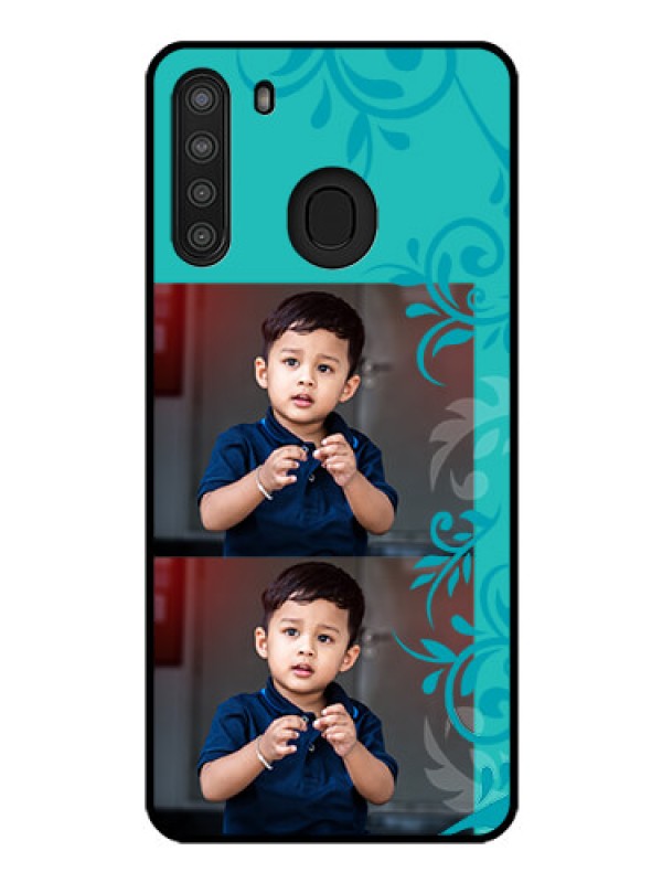 Custom Galaxy A21 Personalized Glass Phone Case - with Photo and Green Floral Design