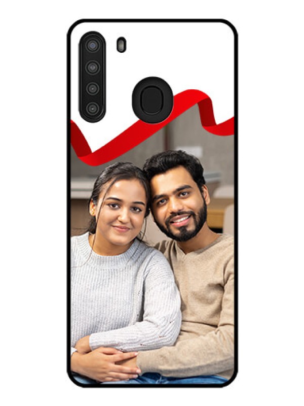 Custom Galaxy A21 Photo Printing on Glass Case - Red Ribbon Frame Design