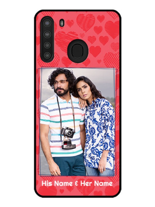 Custom Galaxy A21 Photo Printing on Glass Case - with Red Heart Symbols Design