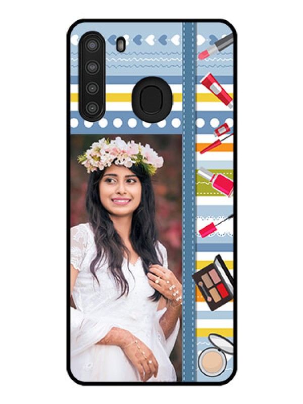 Custom Galaxy A21 Personalized Glass Phone Case - Makeup Icons Design