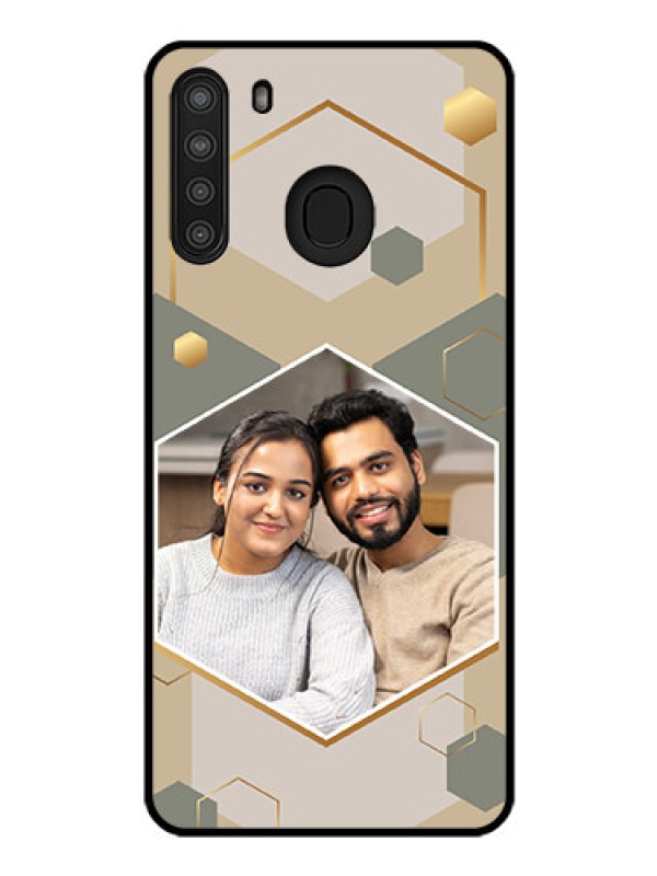 Custom Galaxy A21 Photo Printing on Glass Case - Stylish Hexagon Pattern Design