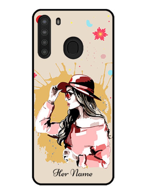 Custom Galaxy A21 Photo Printing on Glass Case - Women with pink hat Design