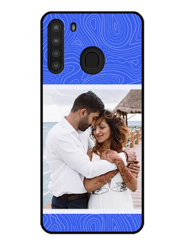 Custom Galaxy A21 Custom Glass Mobile Case - Curved line art with blue and white Design