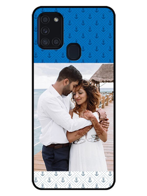 Custom Galaxy A21s Photo Printing on Glass Case  - Blue Anchors Design
