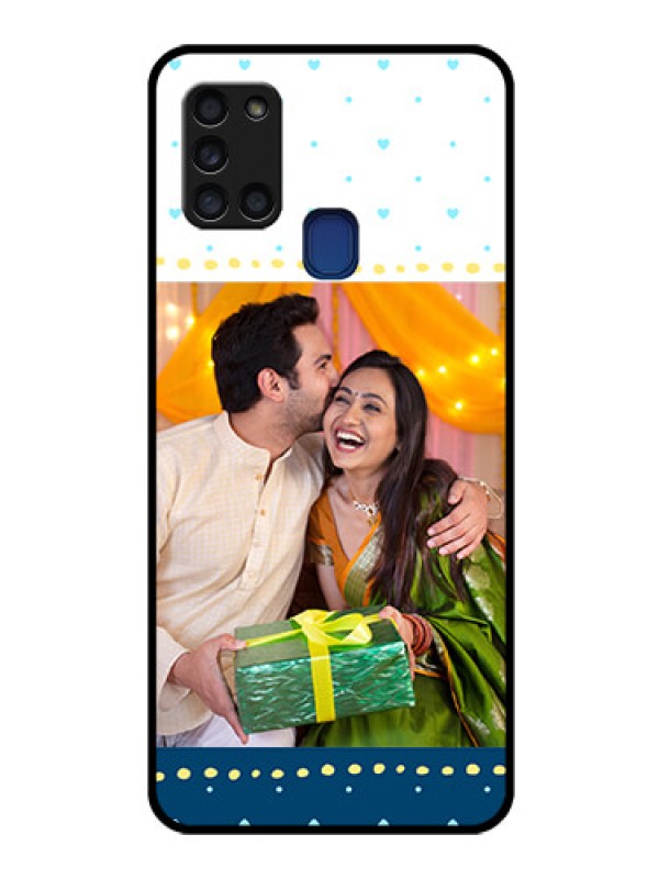 Custom Galaxy A21s Personalized Glass Phone Case  - White and Blue Abstract Design