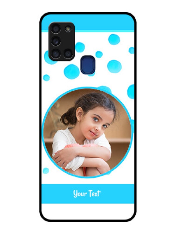 Custom Galaxy A21s Photo Printing on Glass Case  - Blue Bubbles Pattern Design