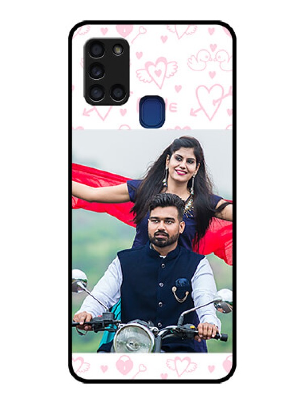 Custom Galaxy A21s Custom Glass Mobile Case  - Pink Flying Heart Design