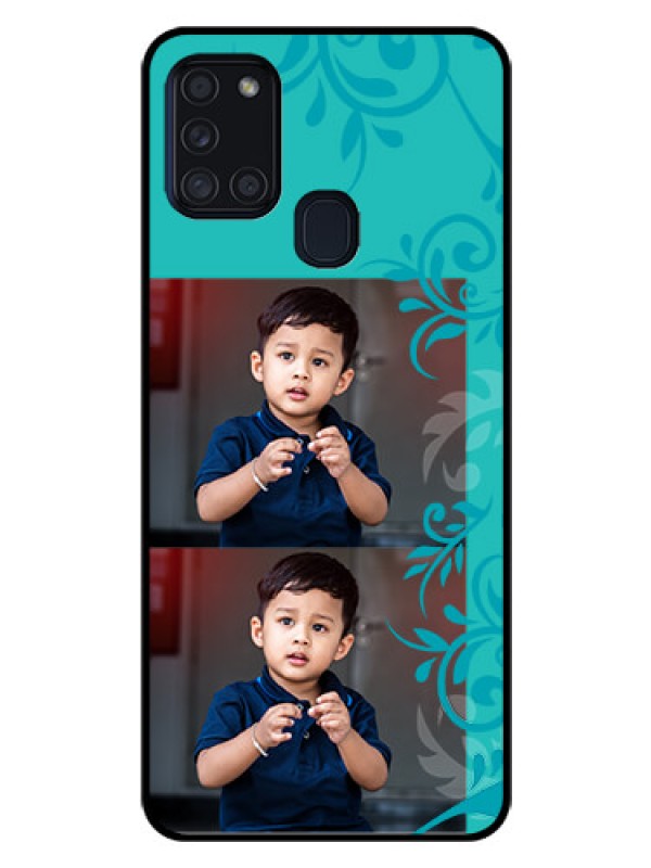Custom Galaxy A21s Personalized Glass Phone Case  - with Photo and Green Floral Design 