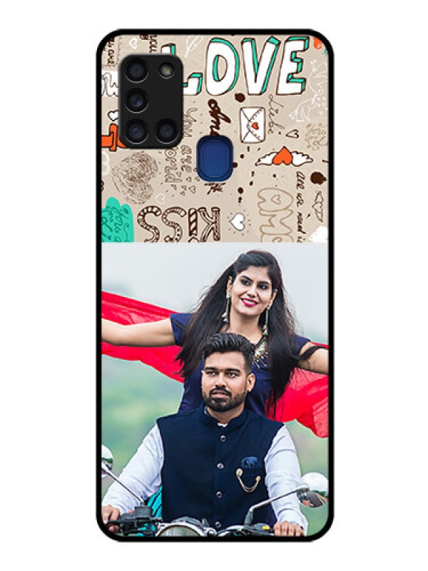 Custom Galaxy A21s Custom Glass Phone Case  - Love Doodle Pattern 