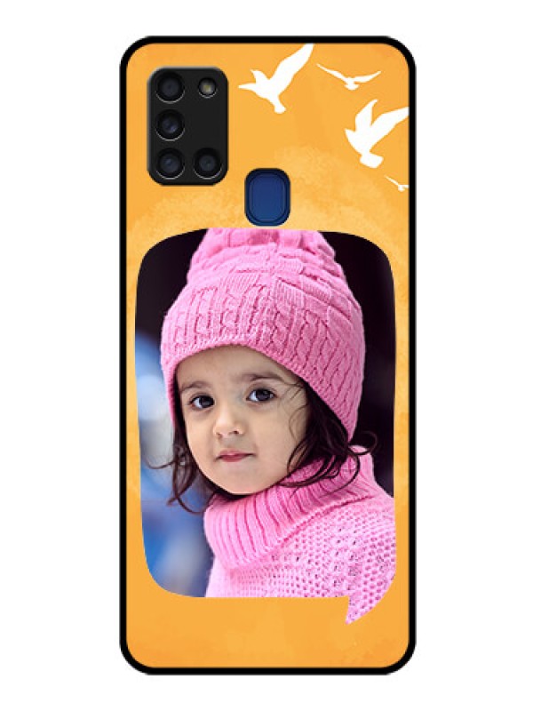 Custom Galaxy A21s Personalized Glass Phone Case  - Water Color Design with Bird Icons