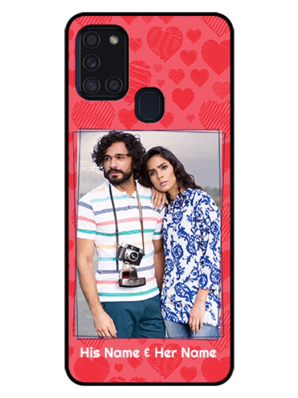 Custom Galaxy A21s Photo Printing on Glass Case  - with Red Heart Symbols Design