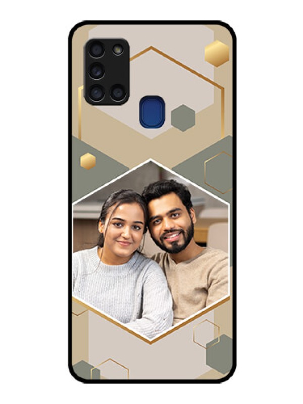 Custom Galaxy A21s Photo Printing on Glass Case - Stylish Hexagon Pattern Design