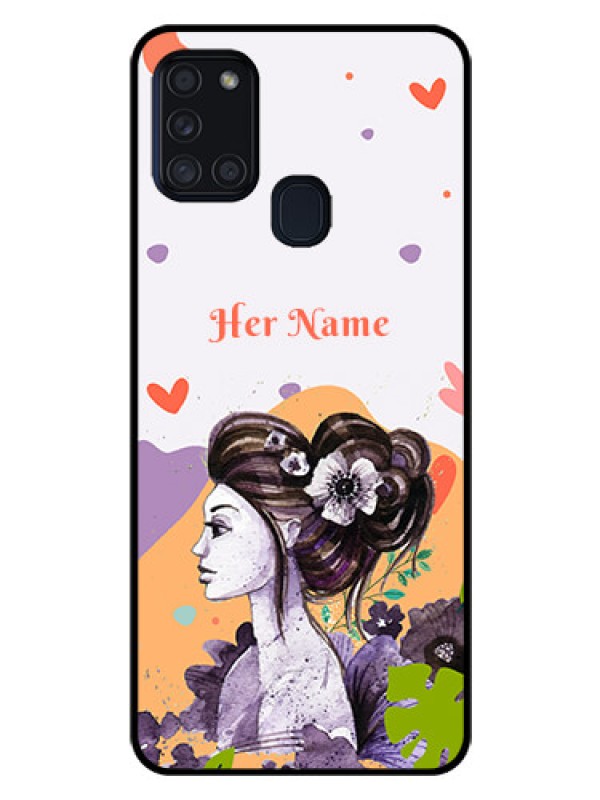 Custom Galaxy A21s Personalized Glass Phone Case - Woman And Nature Design